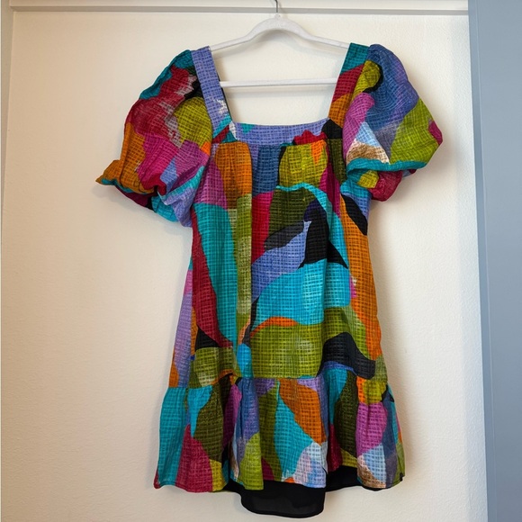 Marie Oliver Kaylee Puff-Sleeve Colorful Jewel Linen Silk Shift Dress- XS - Picture 8 of 10